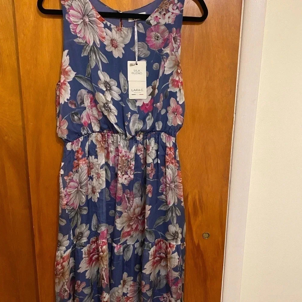 Laraq Silk Blend Denim Floral Maxi Dress Women’s Size Large - Picture 6 of 10